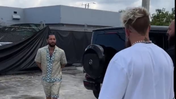 Retired UFC title contender Jorge Masvidal confronts Jake Paul in Miami, Florida.